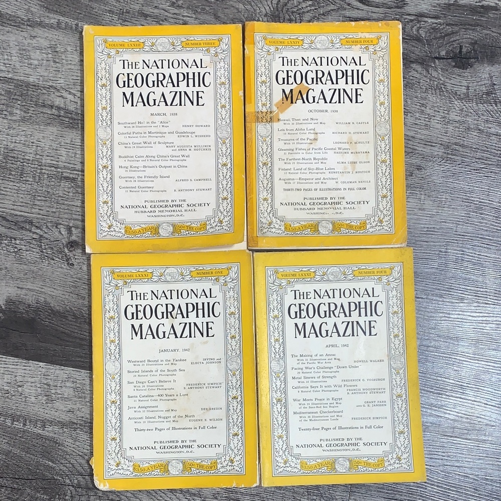 Vintage 1930’s & 1940’s The National Geographic Magazines - Set of 4 total